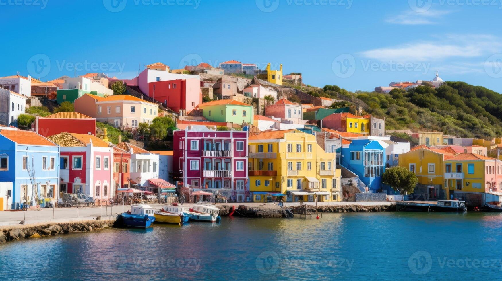 A coastal town with colorful buildings. photo