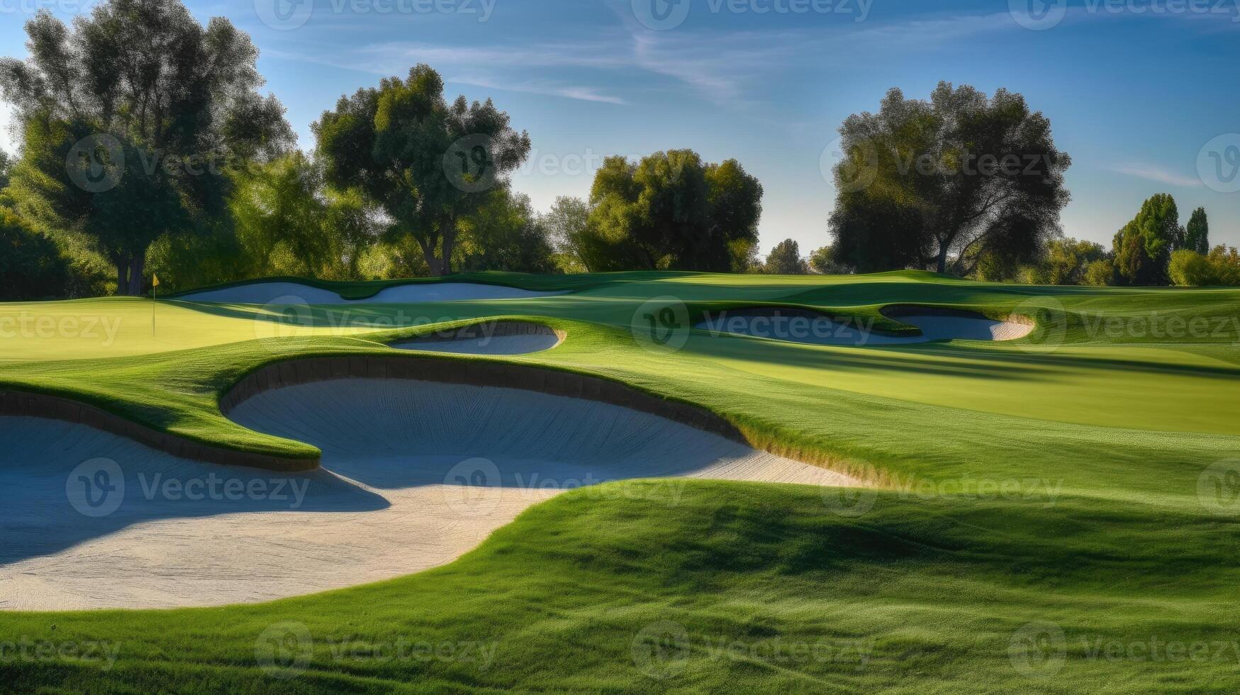 un golf curso con laminación verduras y arena trampas generativo ai foto