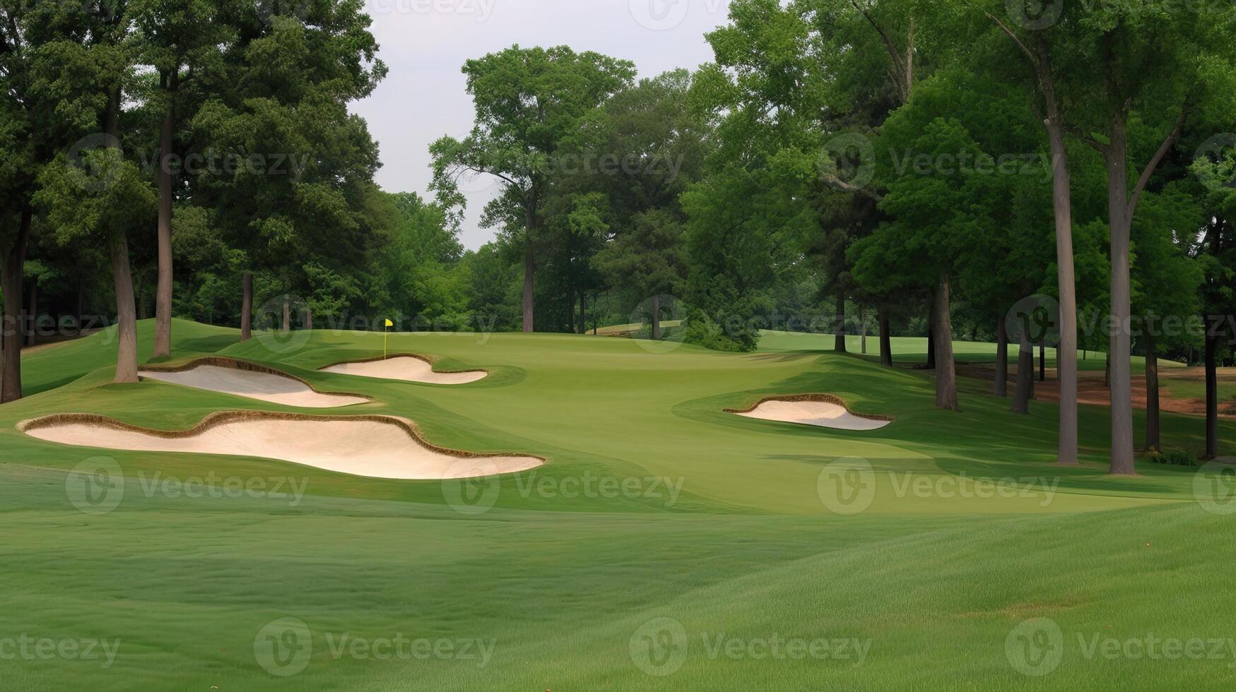 A golf course with rolling greens and sand traps. photo