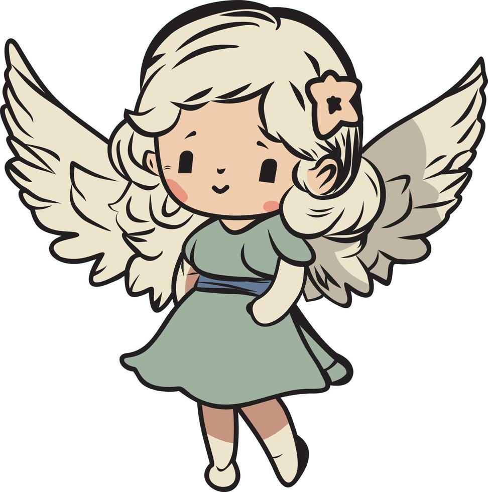 Vector little cute angel girl in cartoon style with green dress wings