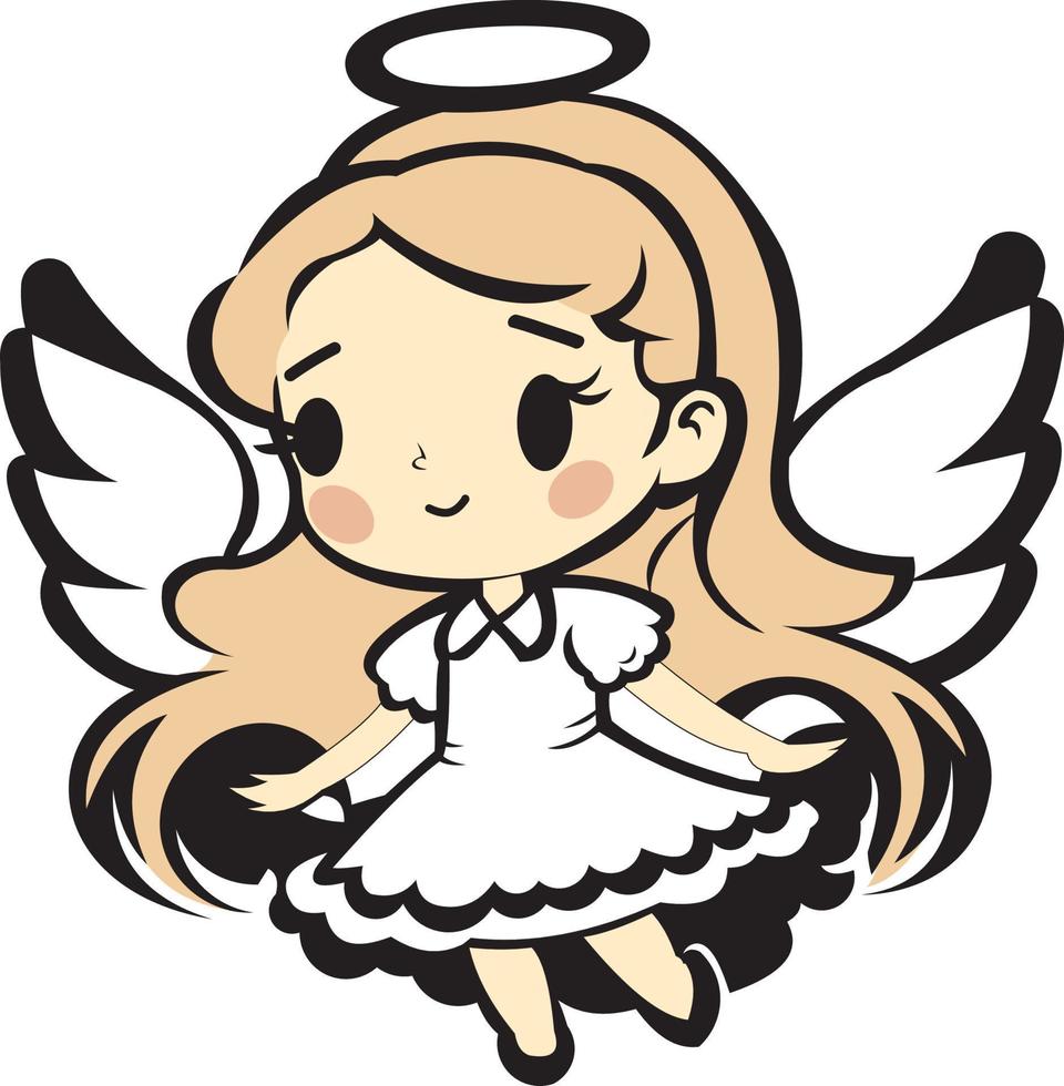 Vector little cute angel girl in cartoon style with white dress wings