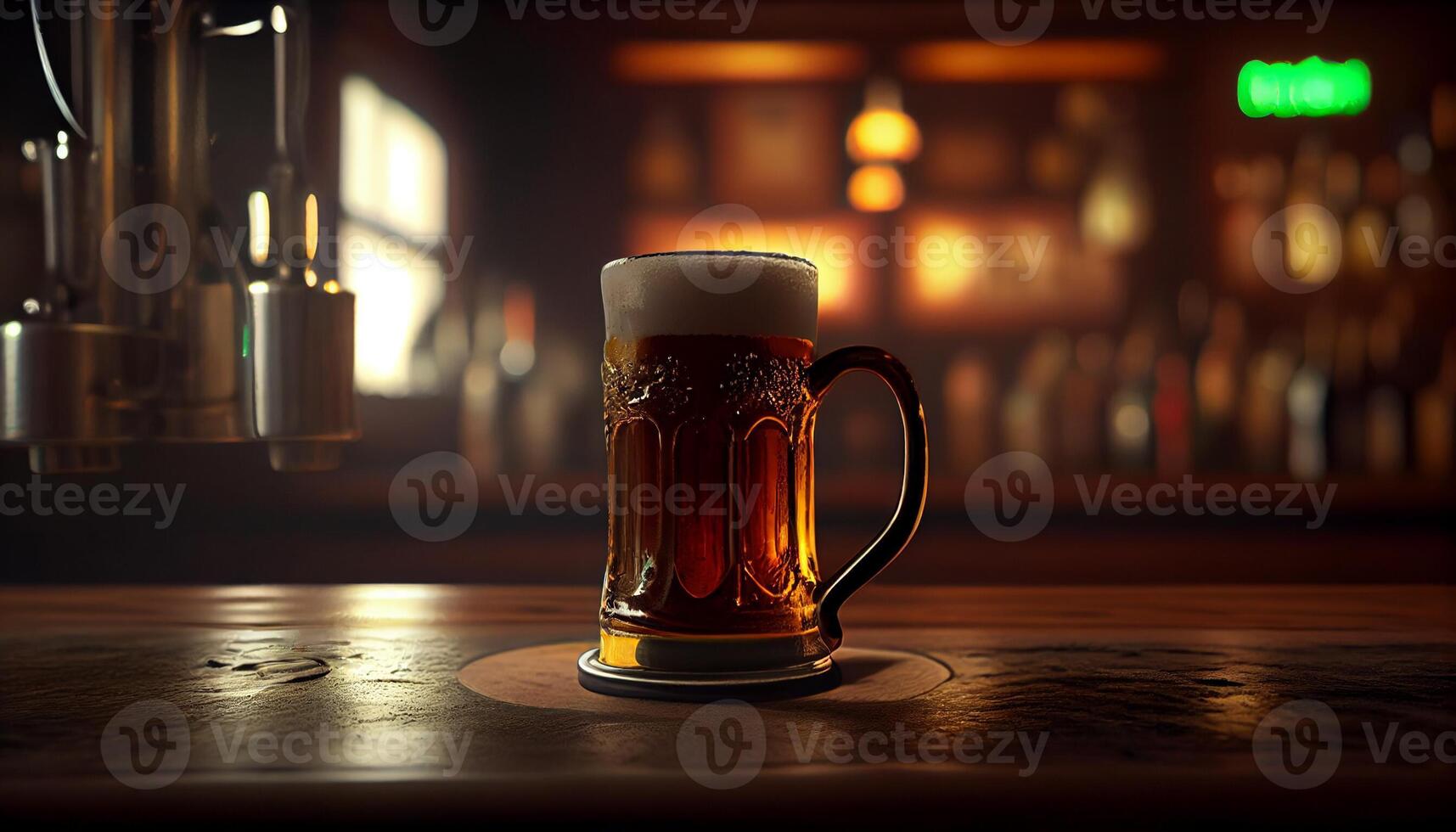 Glass mug of beer with foam in a bar, pub, brewery. Lager drink, pint, alcohol close-up. photo