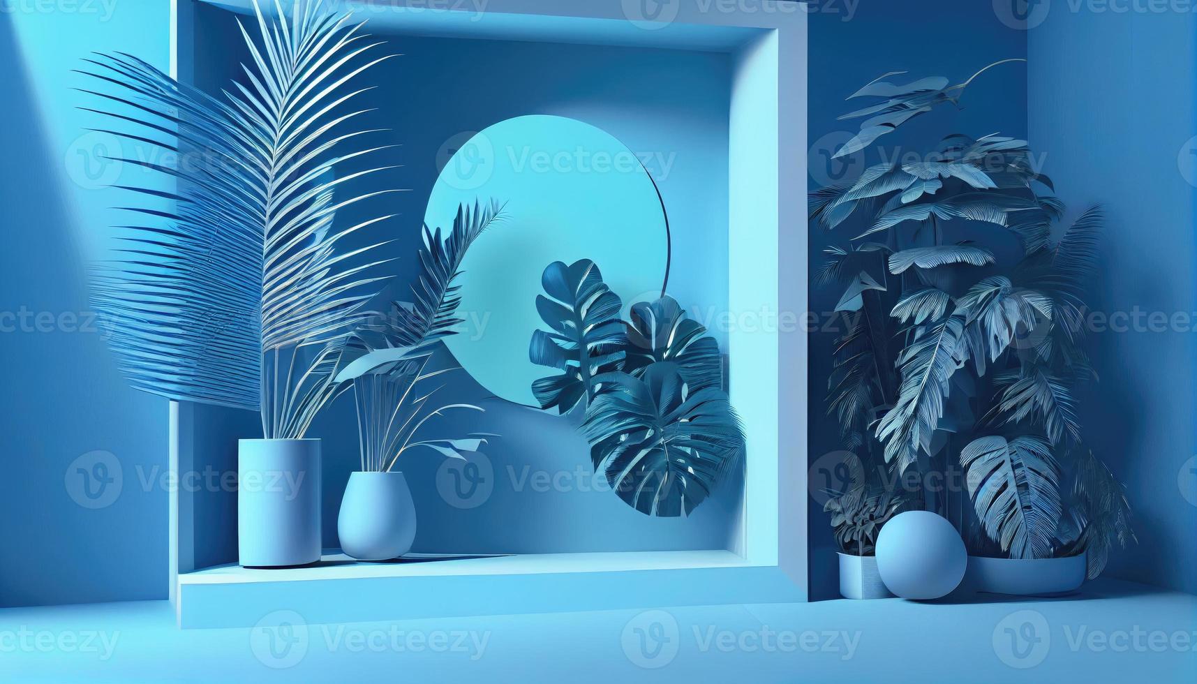 Blue studio stand for product on light background. Nature wall scene concept. Pastel color. Palm leaves. Generative, AI photo