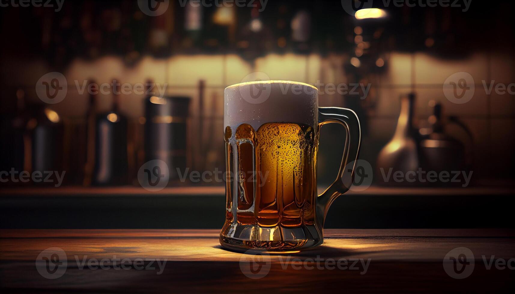 Glass mug of beer with foam in a bar, pub, brewery. Lager drink, pint, alcohol close-up. photo