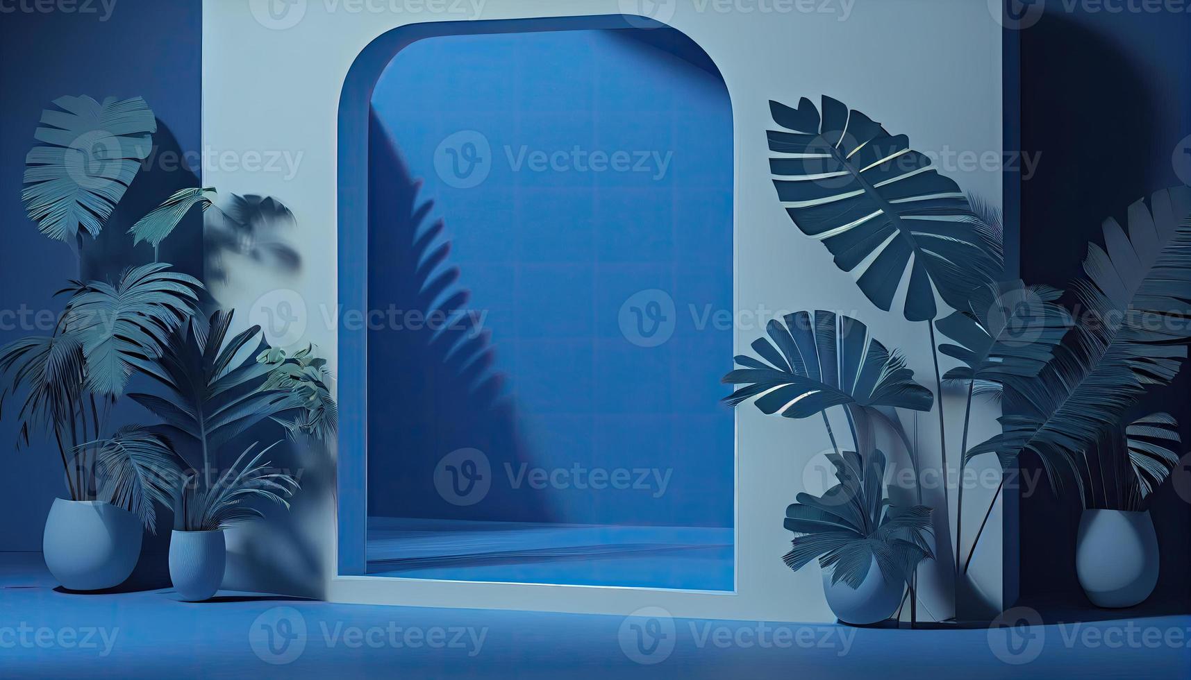 Blue studio stand for product on light background. Nature wall scene concept. Pastel color. Palm leaves. Generative, AI photo