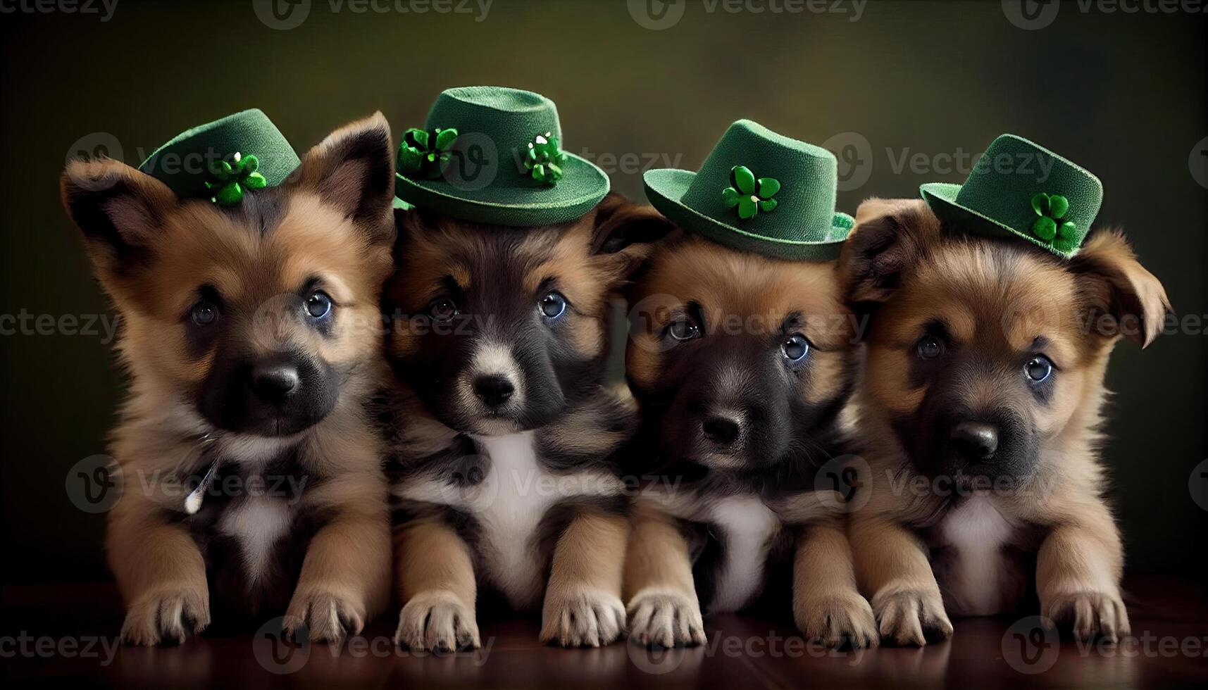 Adorable cute funny Shepherd breed puppy dogs wearing green St Patrick's Day hats. photo