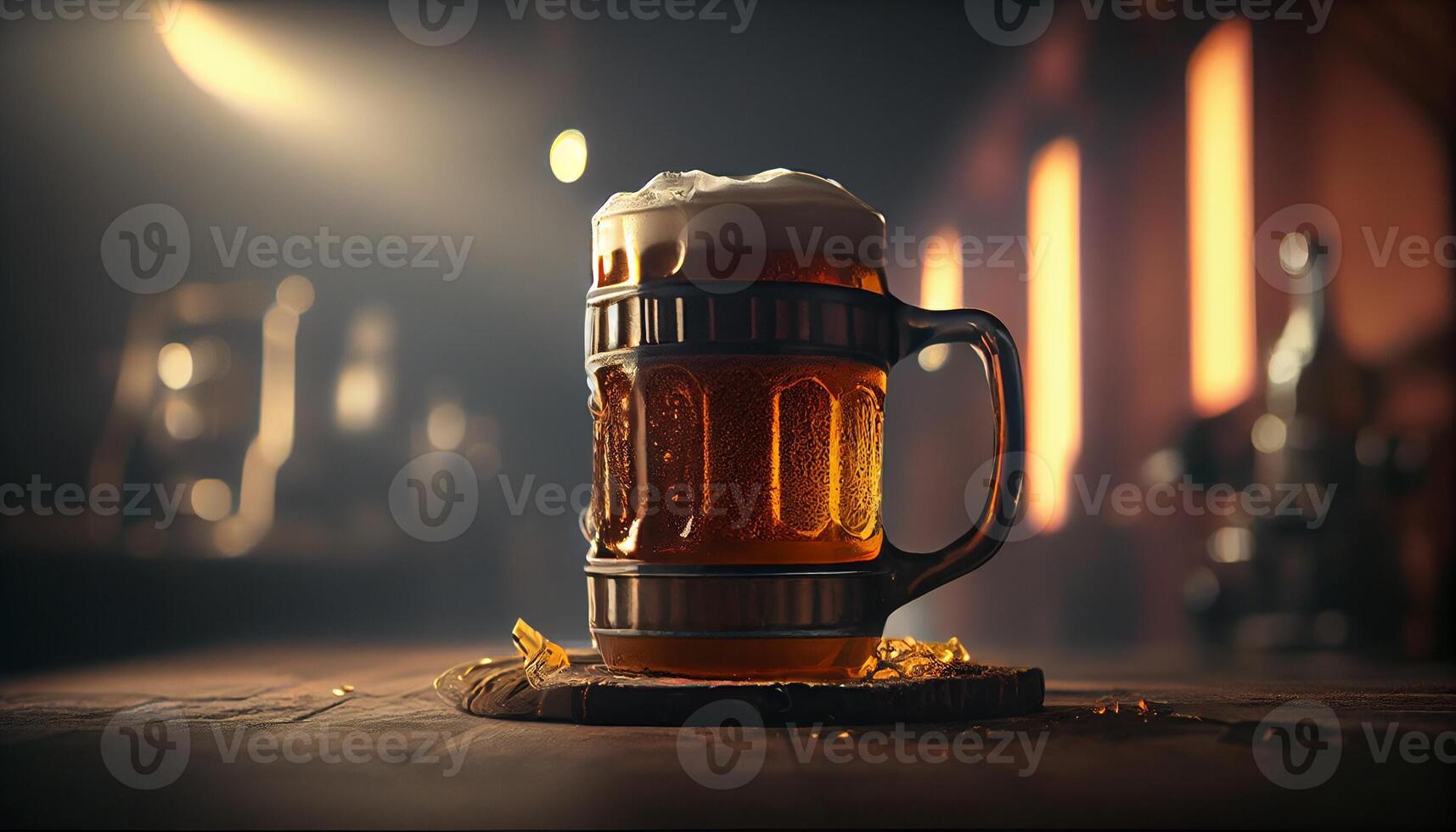 Glass mug of beer with foam in a bar, pub, brewery. Lager drink, pint, alcohol close-up. photo