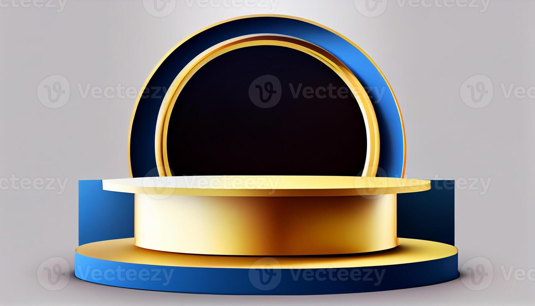 Empty blue and gold 3d cylinder podium, vacant pedestal, modern stage, showcase. Minimal abstract background. Advertising, award, win design, presentation mockup. photo