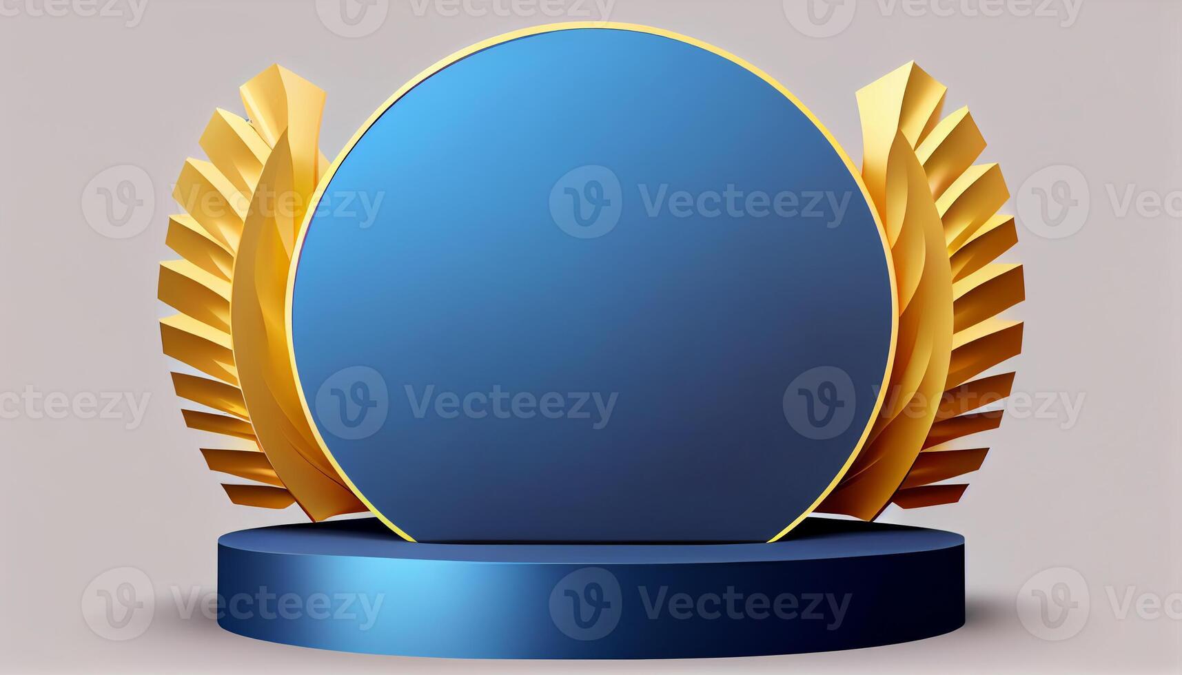 Empty blue and gold 3d cylinder podium, vacant pedestal, modern stage, showcase. Minimal abstract background. Advertising, award, win design, presentation mockup. photo