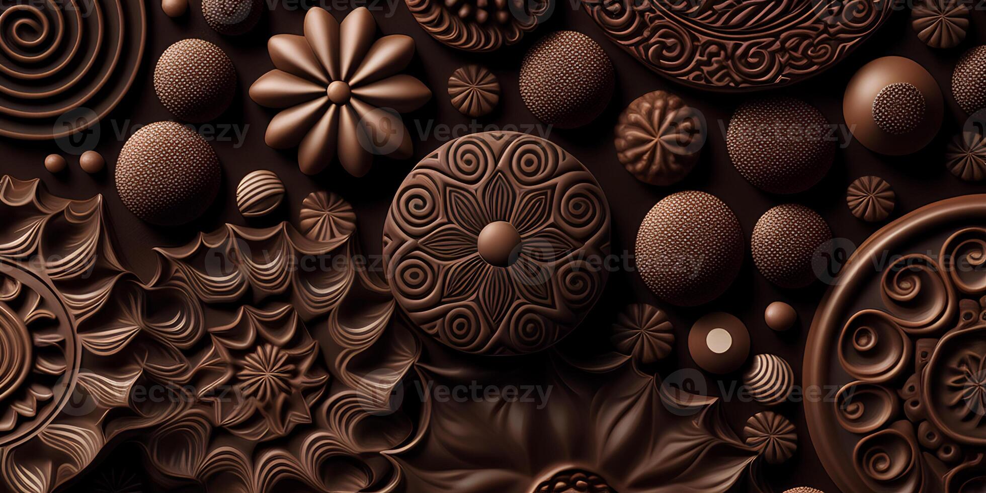 Close-up of delicious dark chocolates drops, cookie and dessert. Flat lay pattern on a brown background. Top view. photo