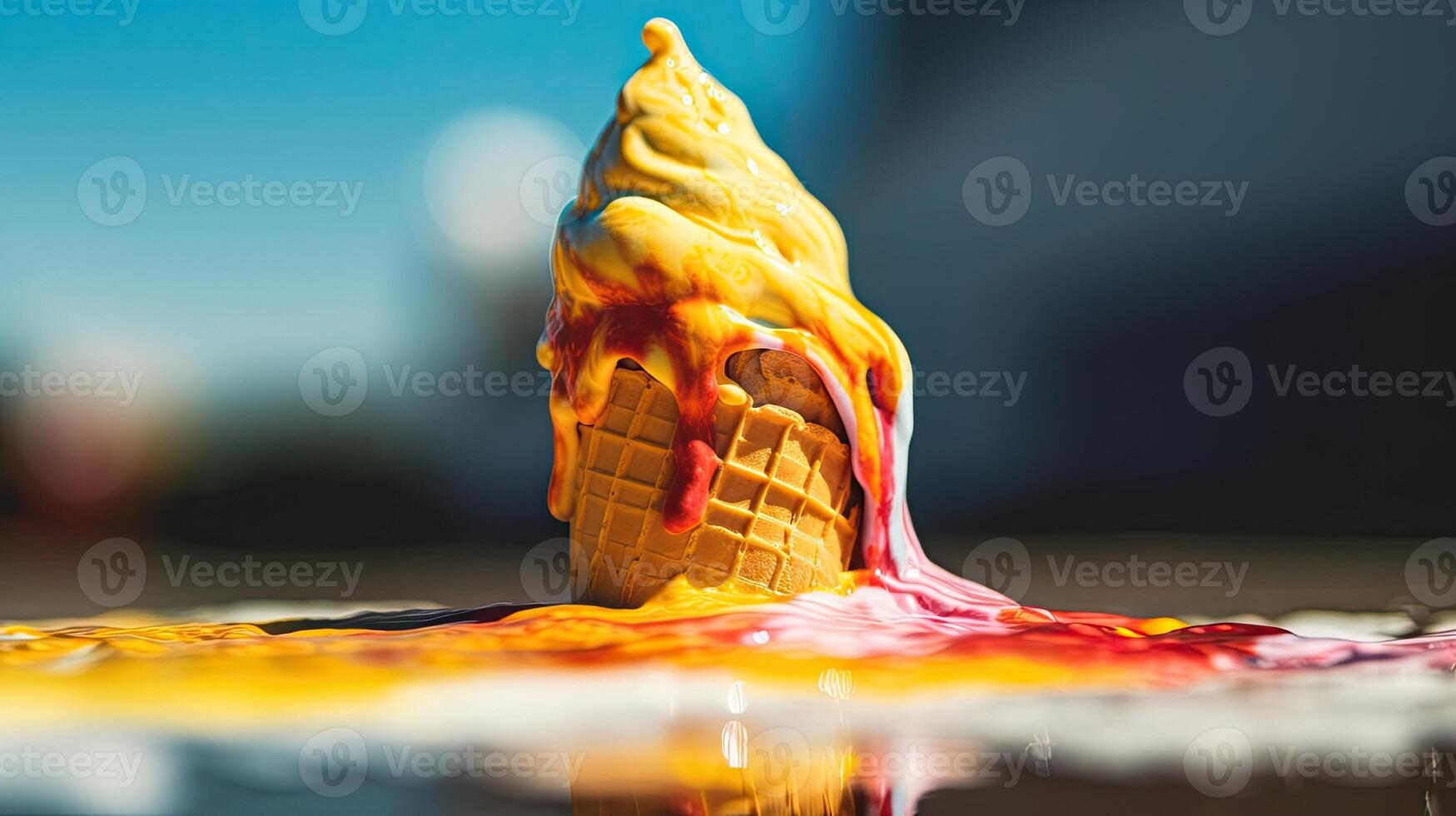 A colorful ice cream cone melting in the sun. photo