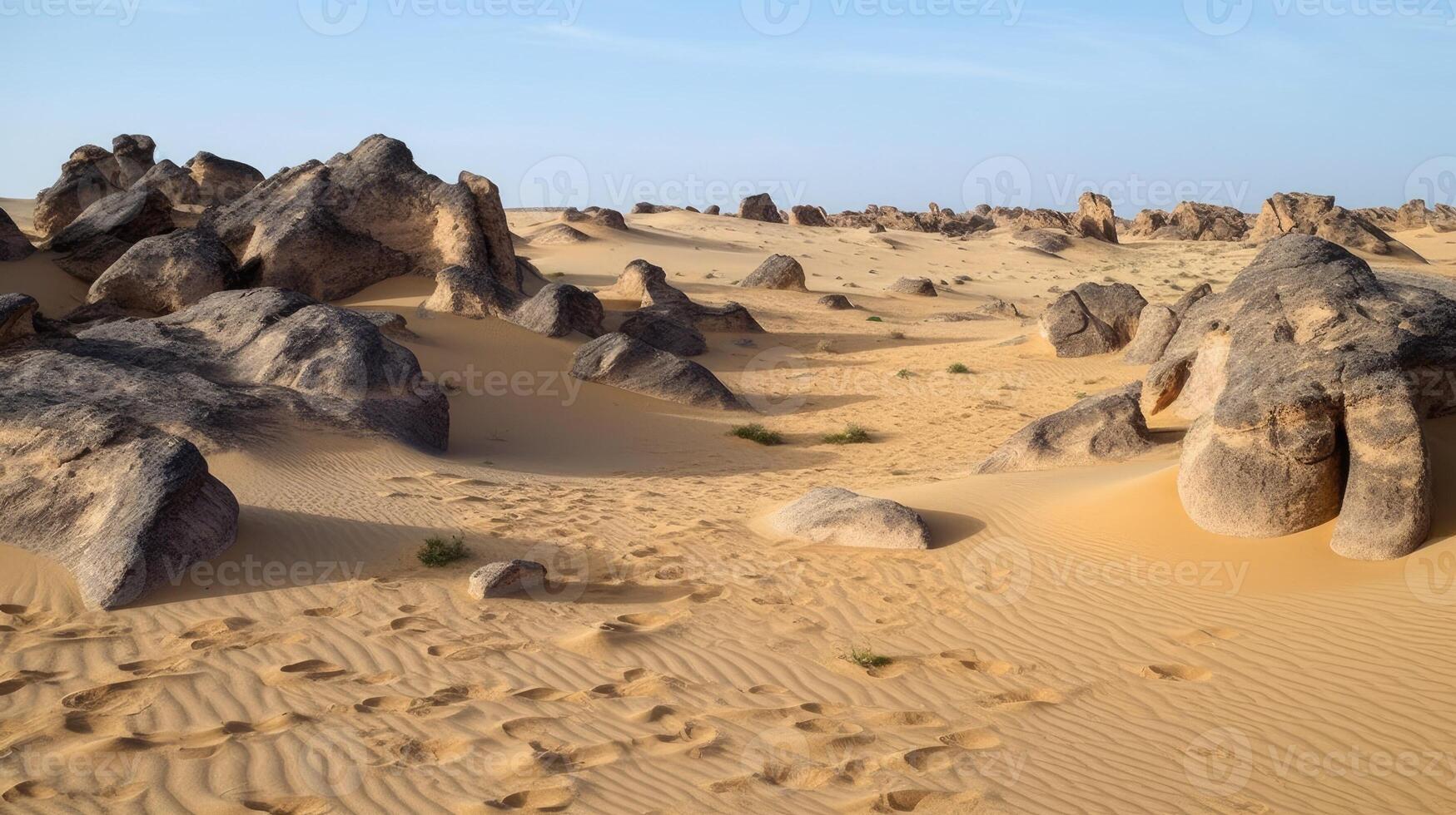A desert with sand dunes and rock formations. photo