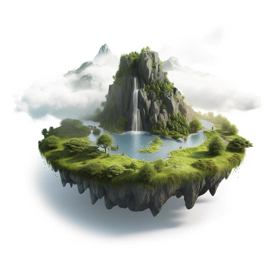 Floating fantasy island, with waterfall and green grass and trees, mountains, heaven touch on flying piece of land, clouds, isolated on white background, generat ai photo