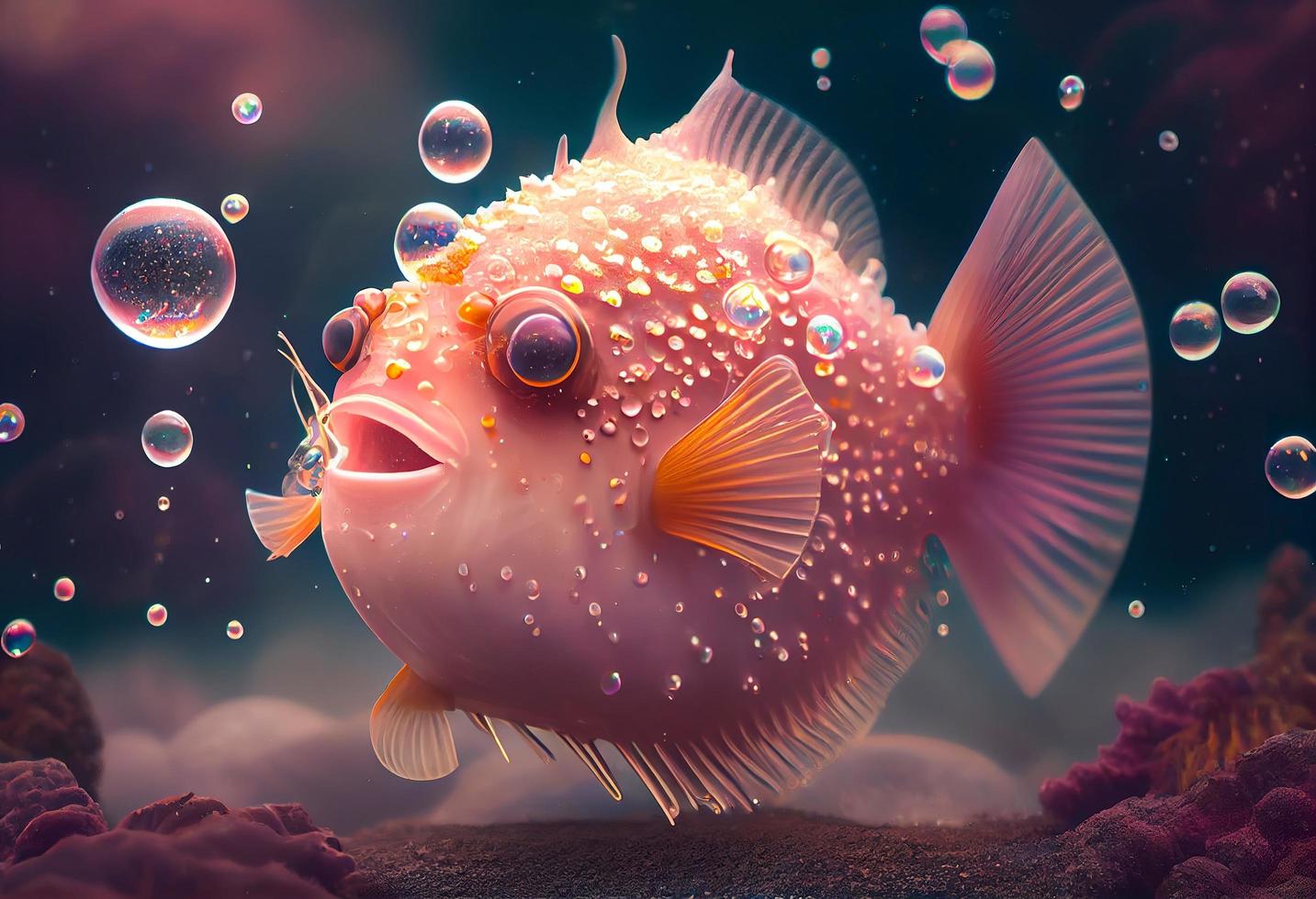 A surrealistic hyperrealistic fairytale cute anglerfish. The background is a landscape with peach, pink and iridescent soap bubbles floating around, generat ai photo