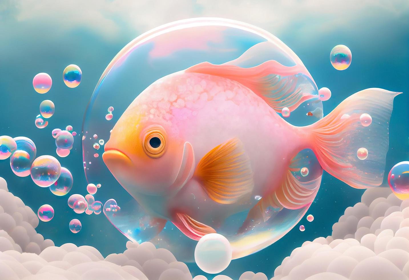 A surrealistic hyperrealistic fairytale cute cuddle fish. The background is a landscape with peach, pink and iridescent soap bubbles floating around, generat ai photo