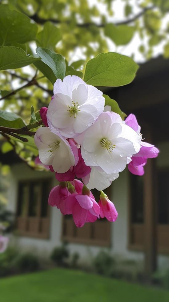 chino Suzhou jardín, púrpura begonia flor, pétalos alto definición, antecedentes borroso blanco paredes y ventanas, suave hermosa luz, generar ai foto