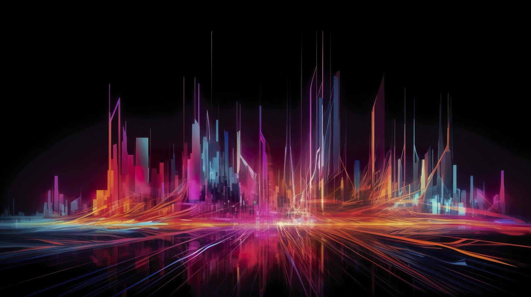 light lines with bright colors in a dark environment, in the style of futuristic landscapes, vibrant skylines, light bronze and magenta, light crimson and light blue, generat ai photo
