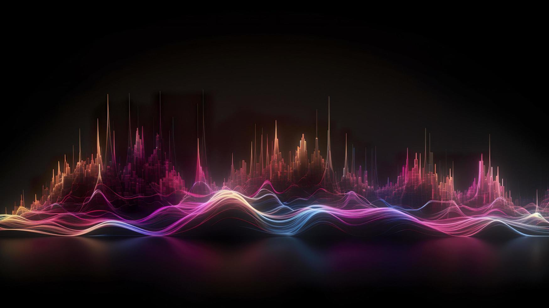 light lines with bright colors in a dark environment, in the style of futuristic landscapes, vibrant skylines, light bronze and magenta, light crimson and light blue, generat ai photo