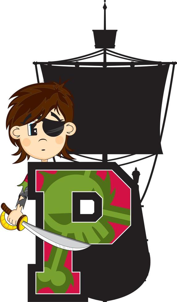 P is for Pirate with Ship Alphabet Learning Educational Illustration vector