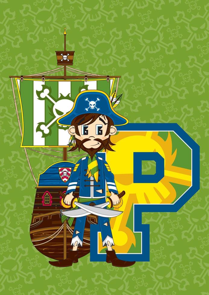 P is for Pirate with Ship Alphabet Learning Educational Illustration vector
