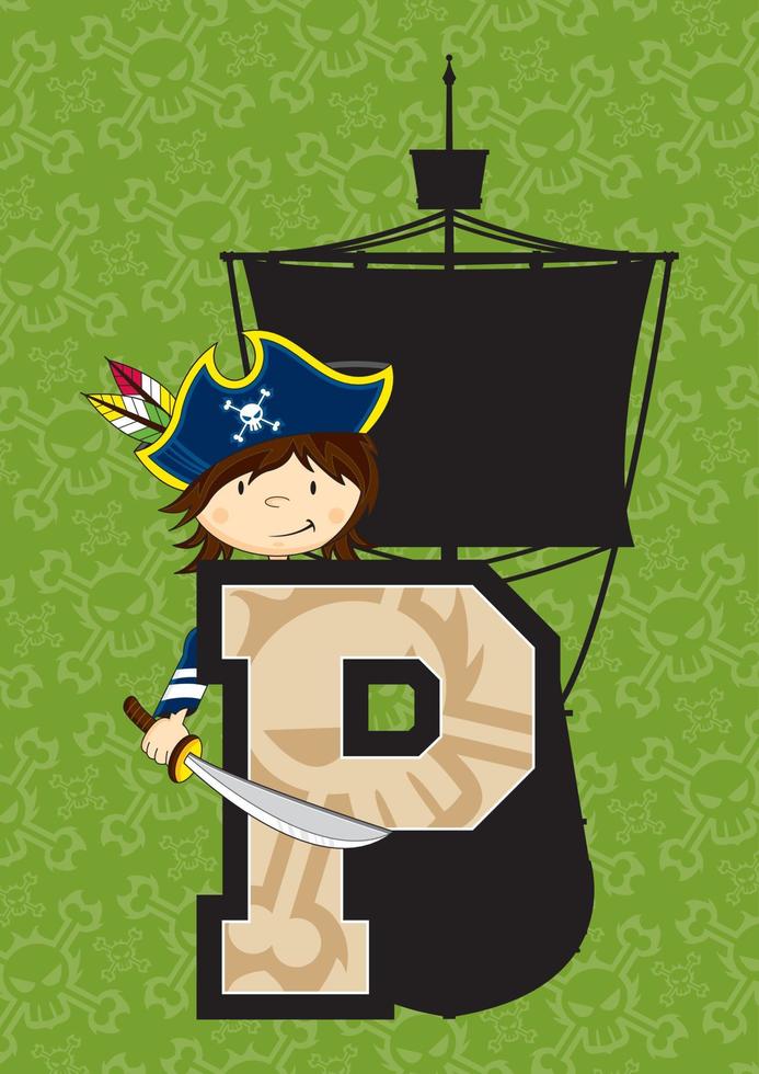 P is for Pirate with Ship Alphabet Learning Educational Illustration vector