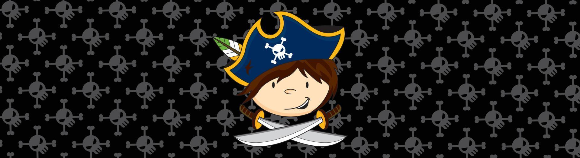 dibujos animados bravucón pirata capitán con cruzado espadas bandera vector