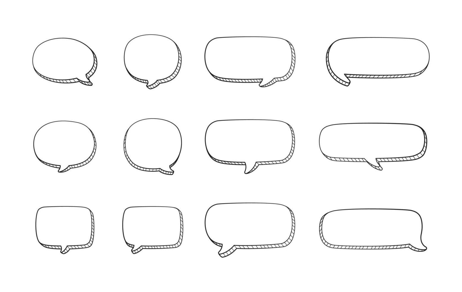 Collection set of hand drawn 3D blank speech bubble balloon, think, speak, talk, text box banner, black and white color, flat design vector illustration