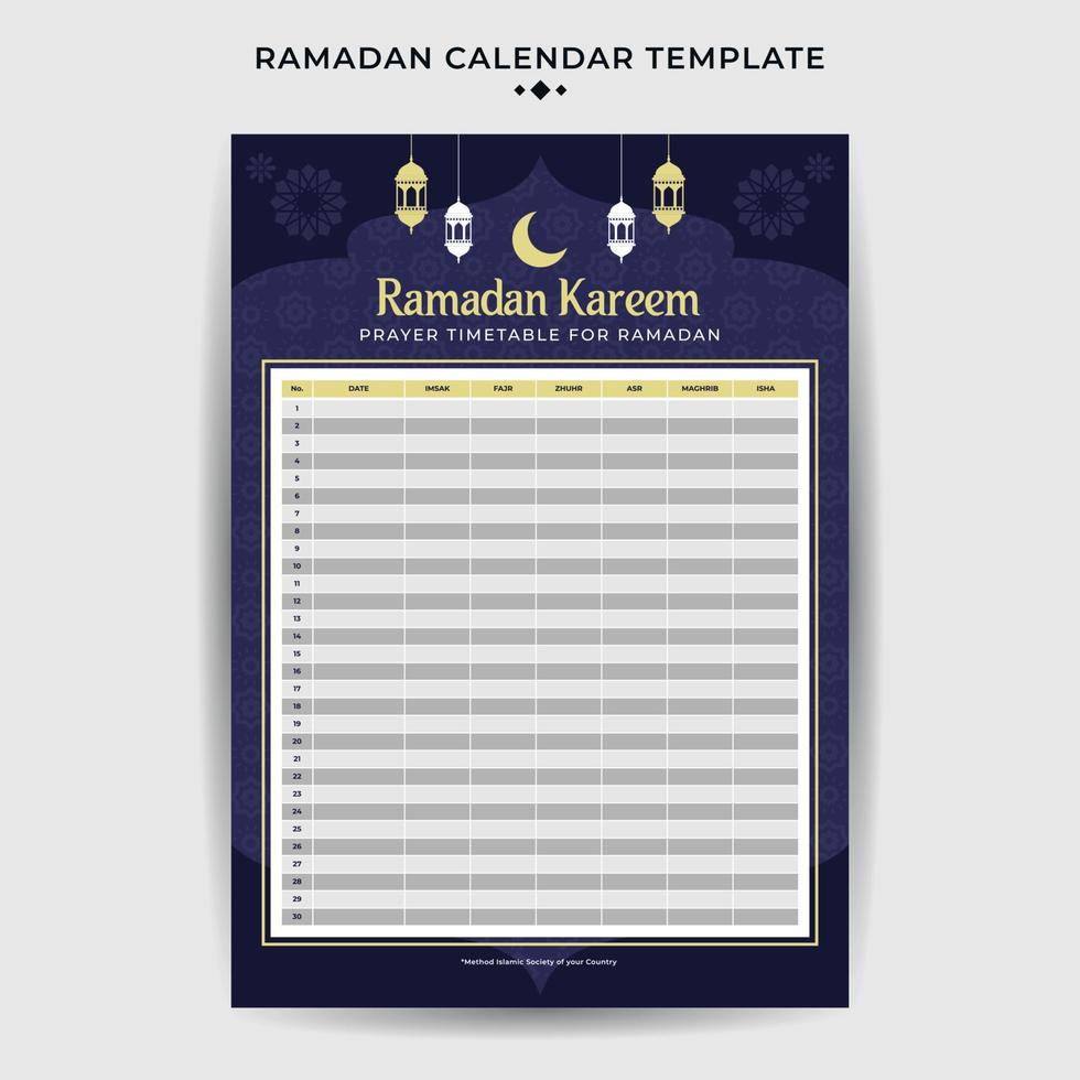 Ramadan calendar with iftar time schedule table vector