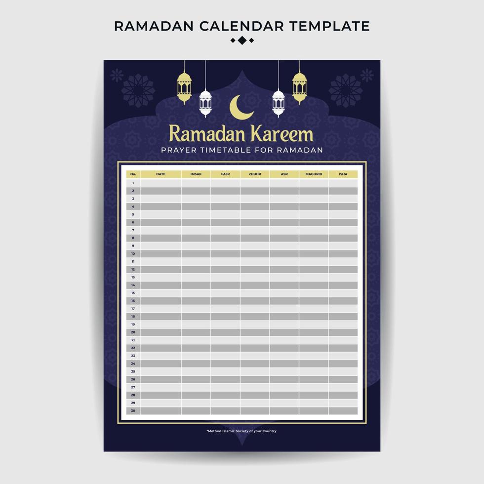 Ramadan calendar with iftar time schedule table vector