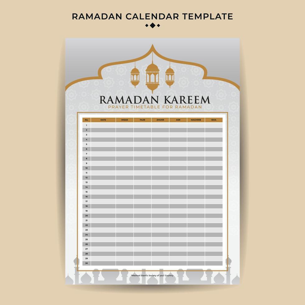 Ramadan calendar with iftar time schedule table vector