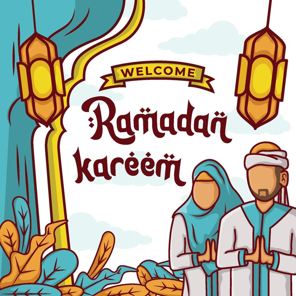 Ramadan background with hand drawn of muslim people and islamic ramadan ornament vector