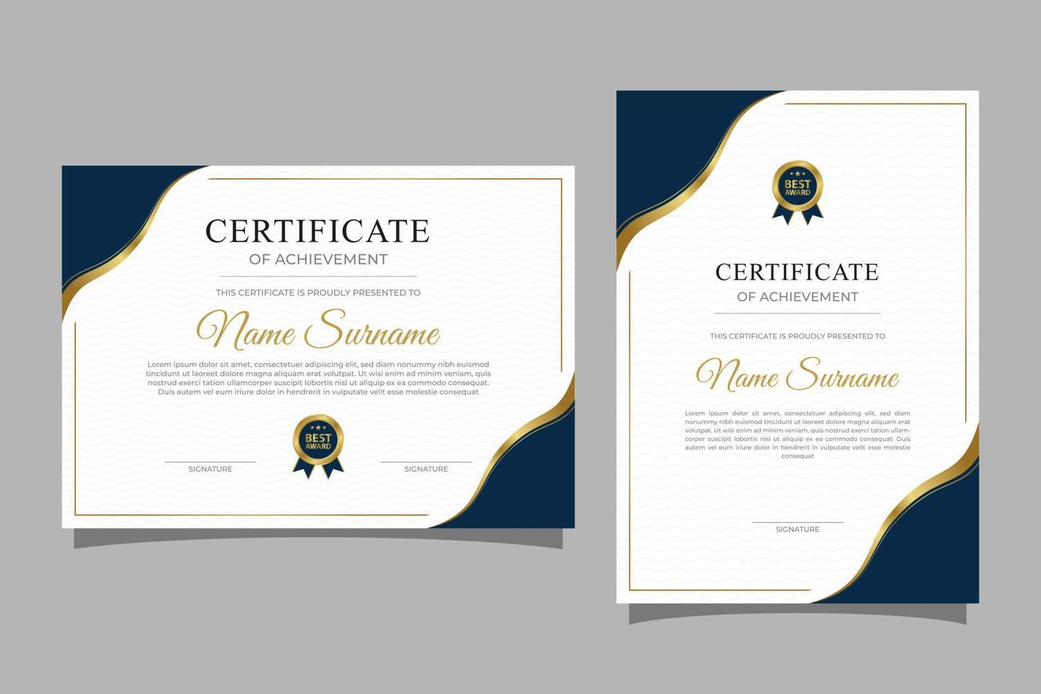 Modern blue and gold certificate template with badge and border vector