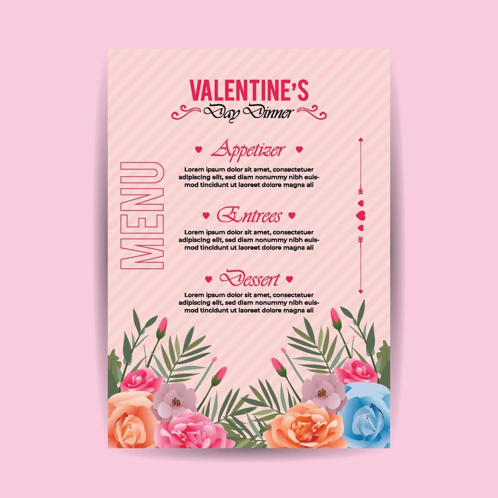 Valentines day dinner menu template with flower design vector