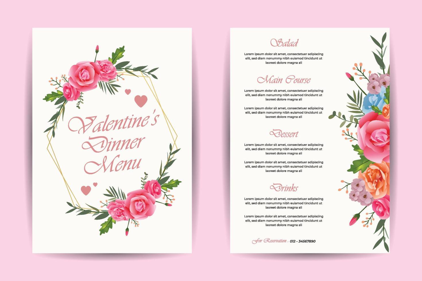 Valentines dinner menu front back template vector