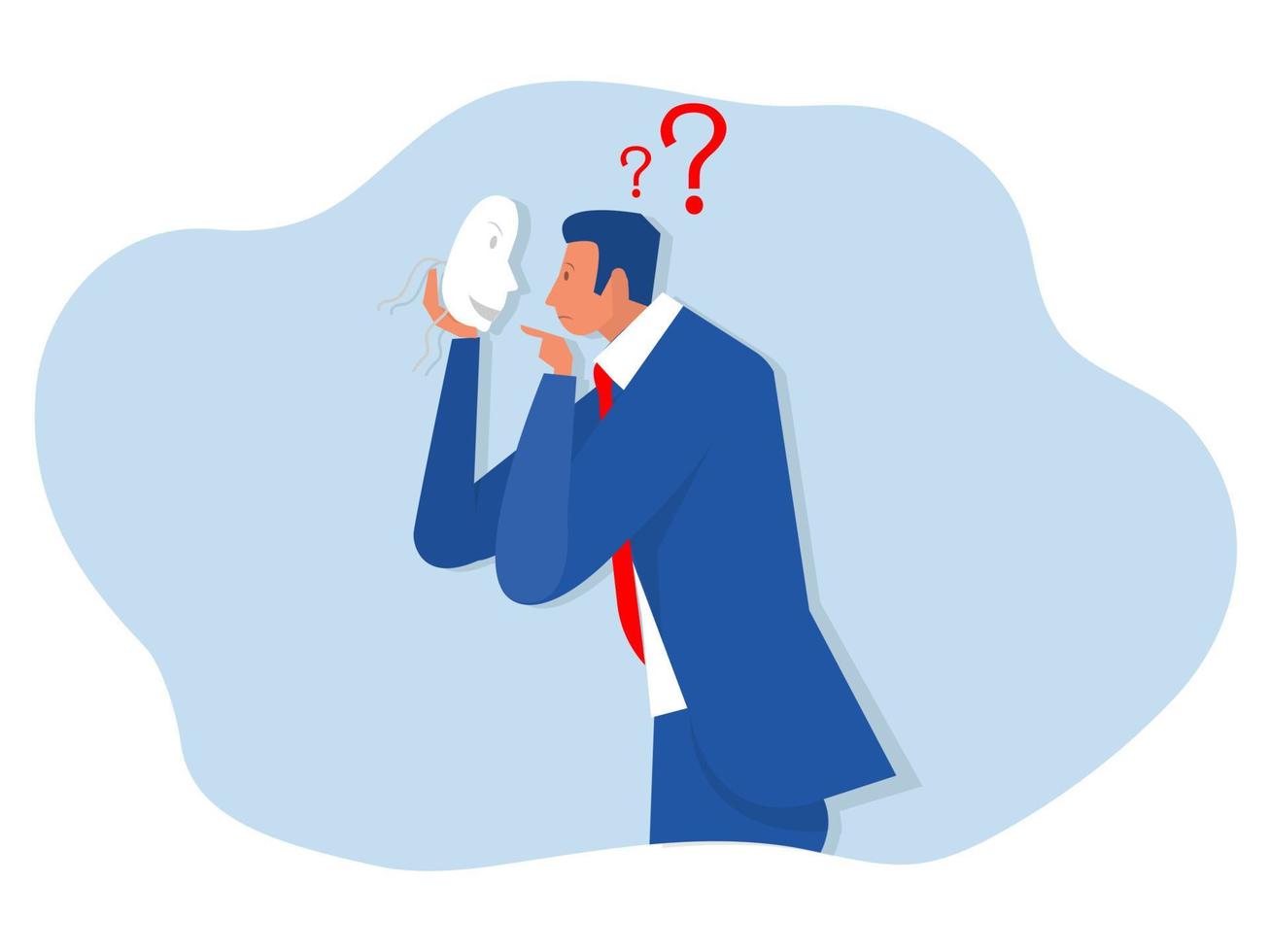 imposter syndrome, man looking his face on carnival masks with happy or sad expressions.vector illustrator vector