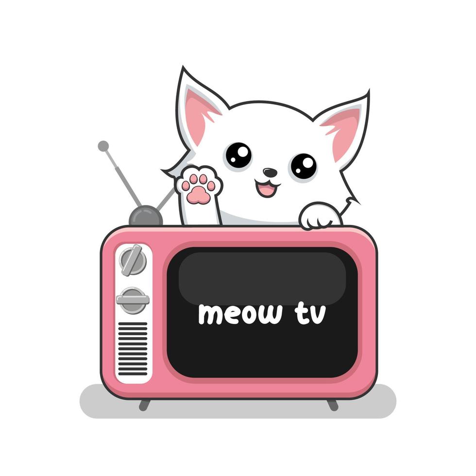 gato y antiguo televisión - linda blanco coño gato encima televisión vector ilustración