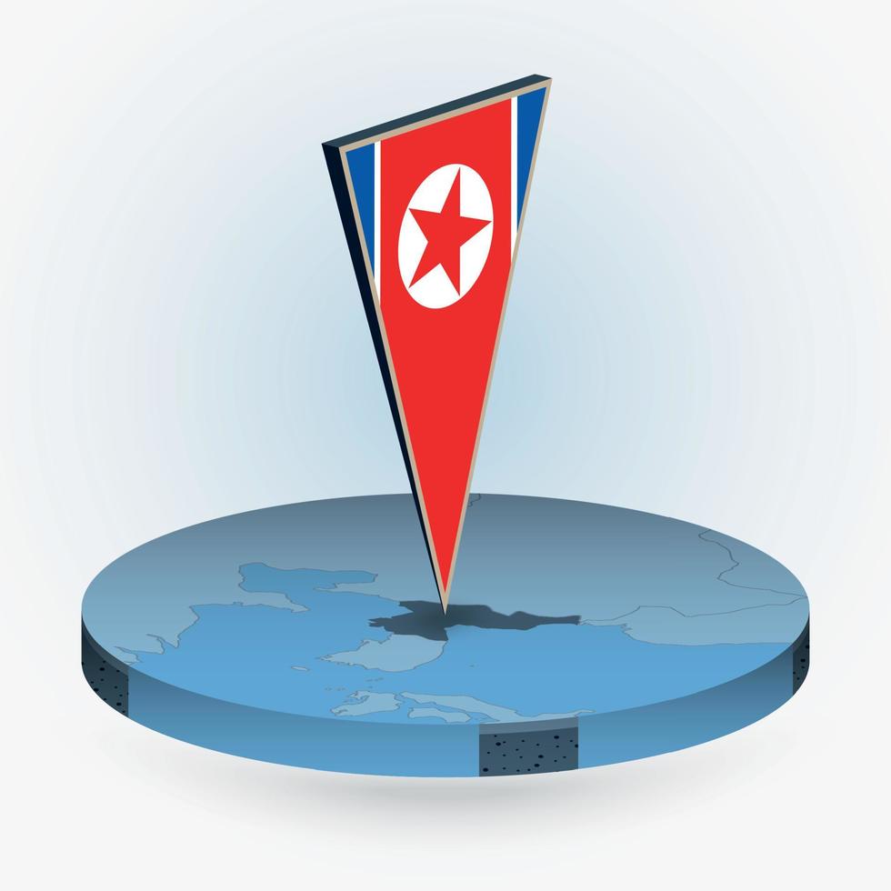 North Korea map in round isometric style with triangular 3D flag of North Korea vector