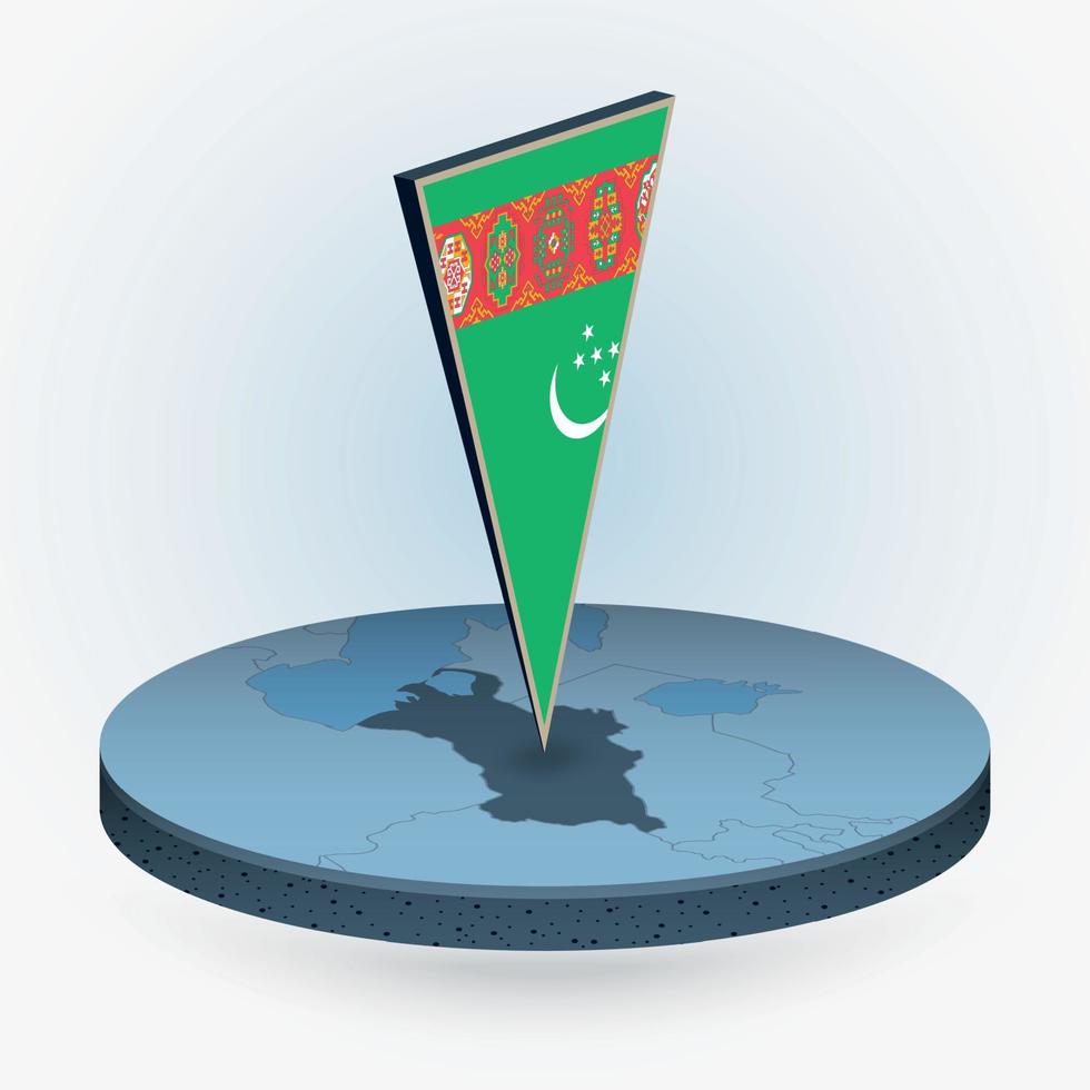 Turkmenistan map in round isometric style with triangular 3D flag of Turkmenistan vector