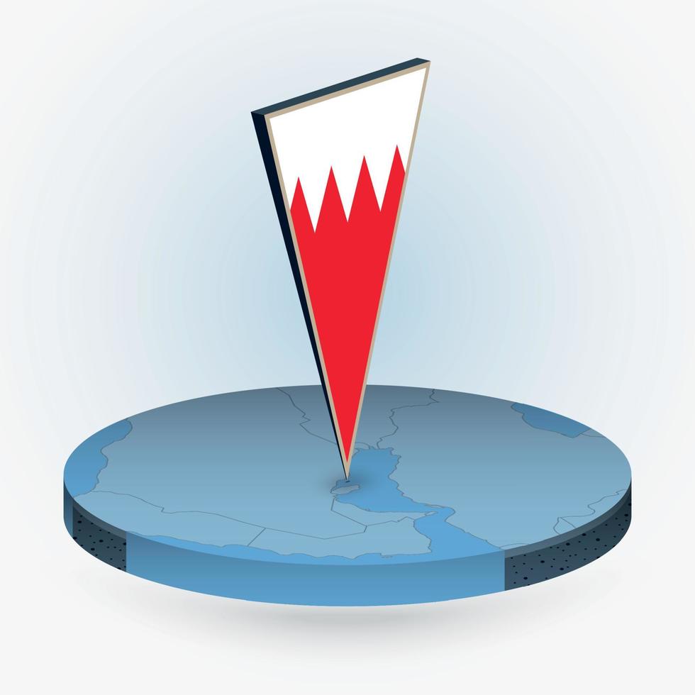 Bahrain map in round isometric style with triangular 3D flag of Bahrain vector