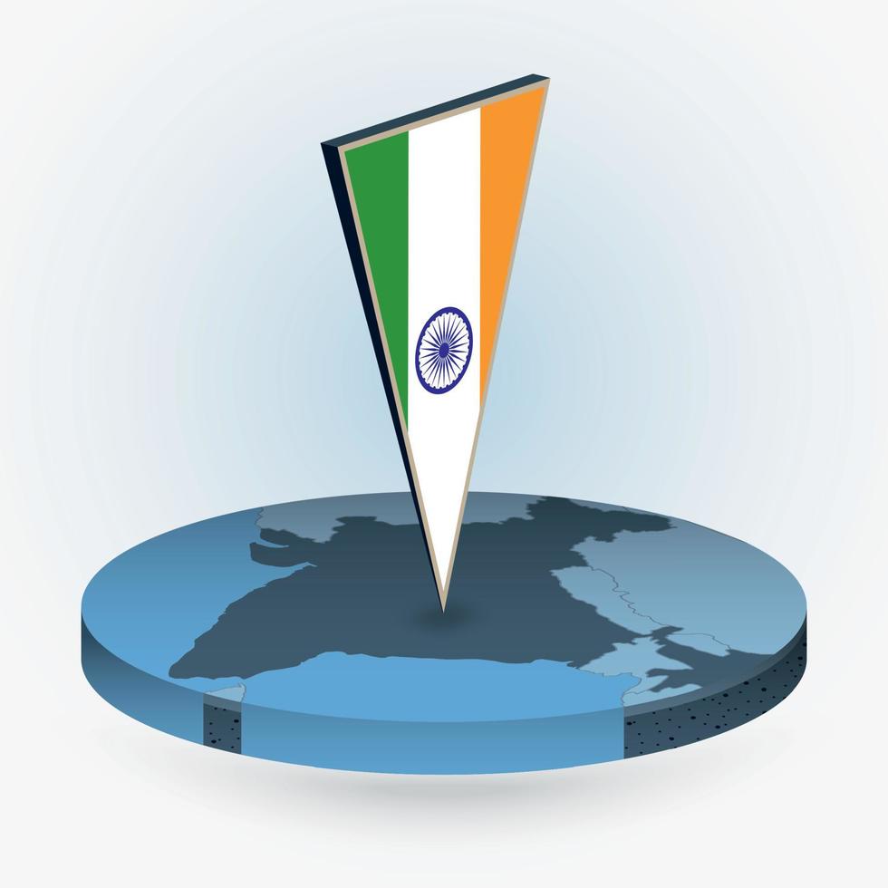 India mapa en redondo isométrica estilo con triangular 3d bandera de India vector