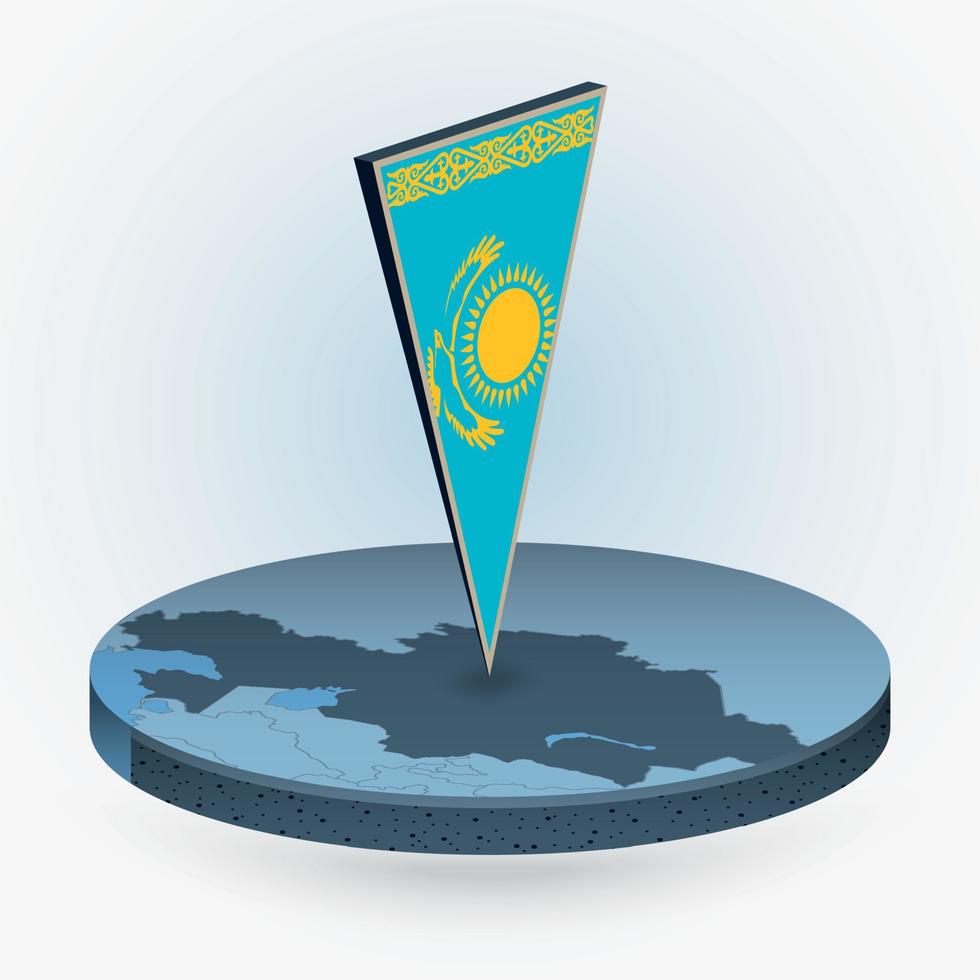 Kazakhstan map in round isometric style with triangular 3D flag of Kazakhstan vector