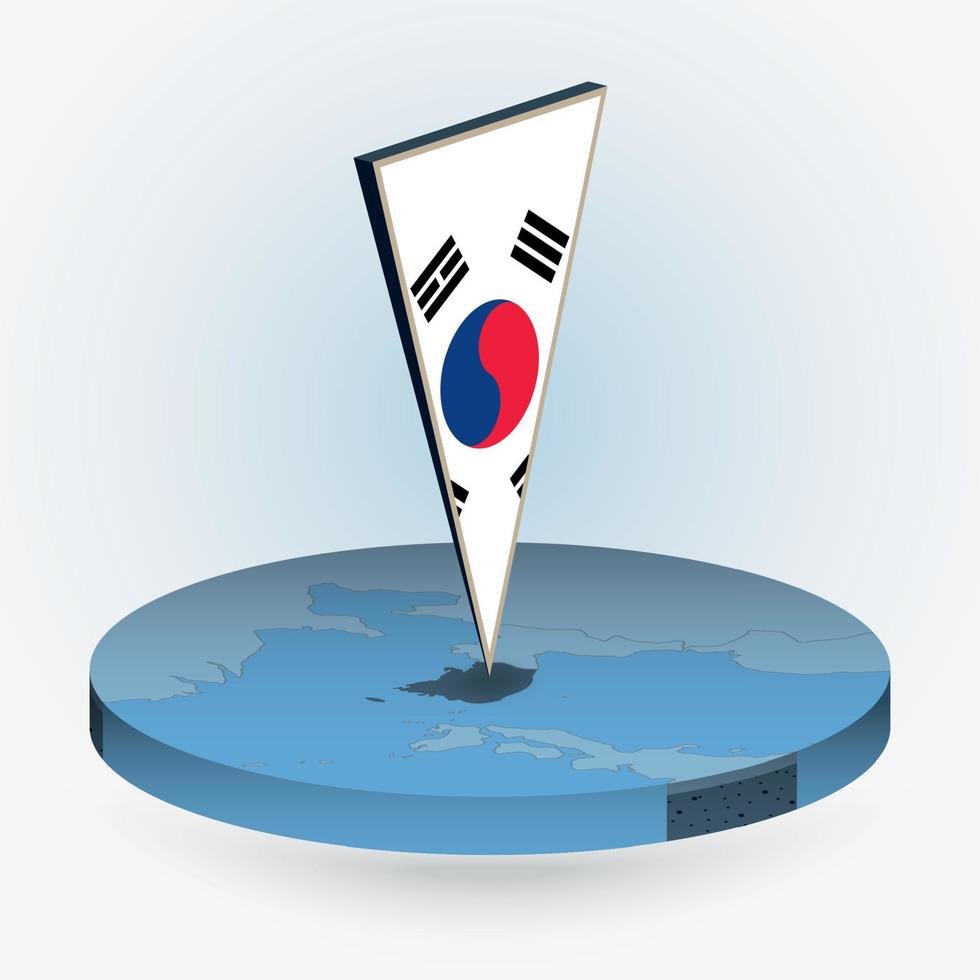 South Korea map in round isometric style with triangular 3D flag of South Korea vector