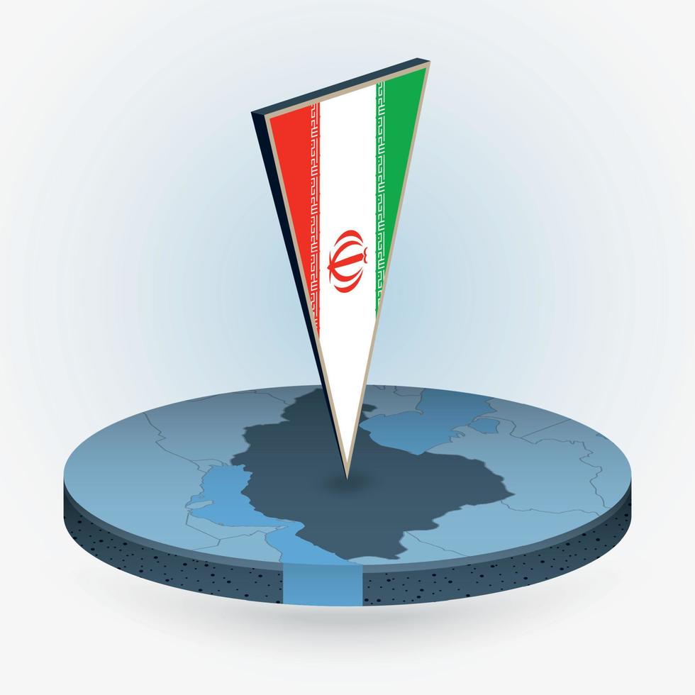 Iran map in round isometric style with triangular 3D flag of Iran vector