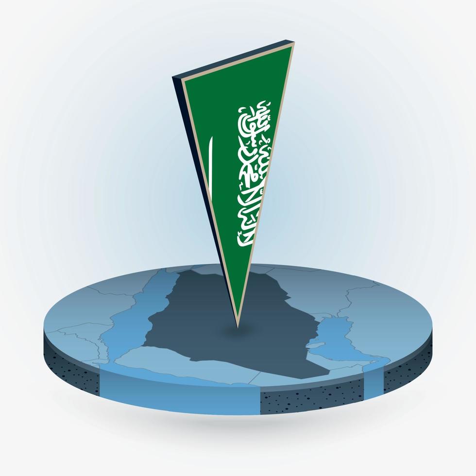 saudi arabia mapa en redondo isométrica estilo con triangular 3d bandera de saudi arabia vector