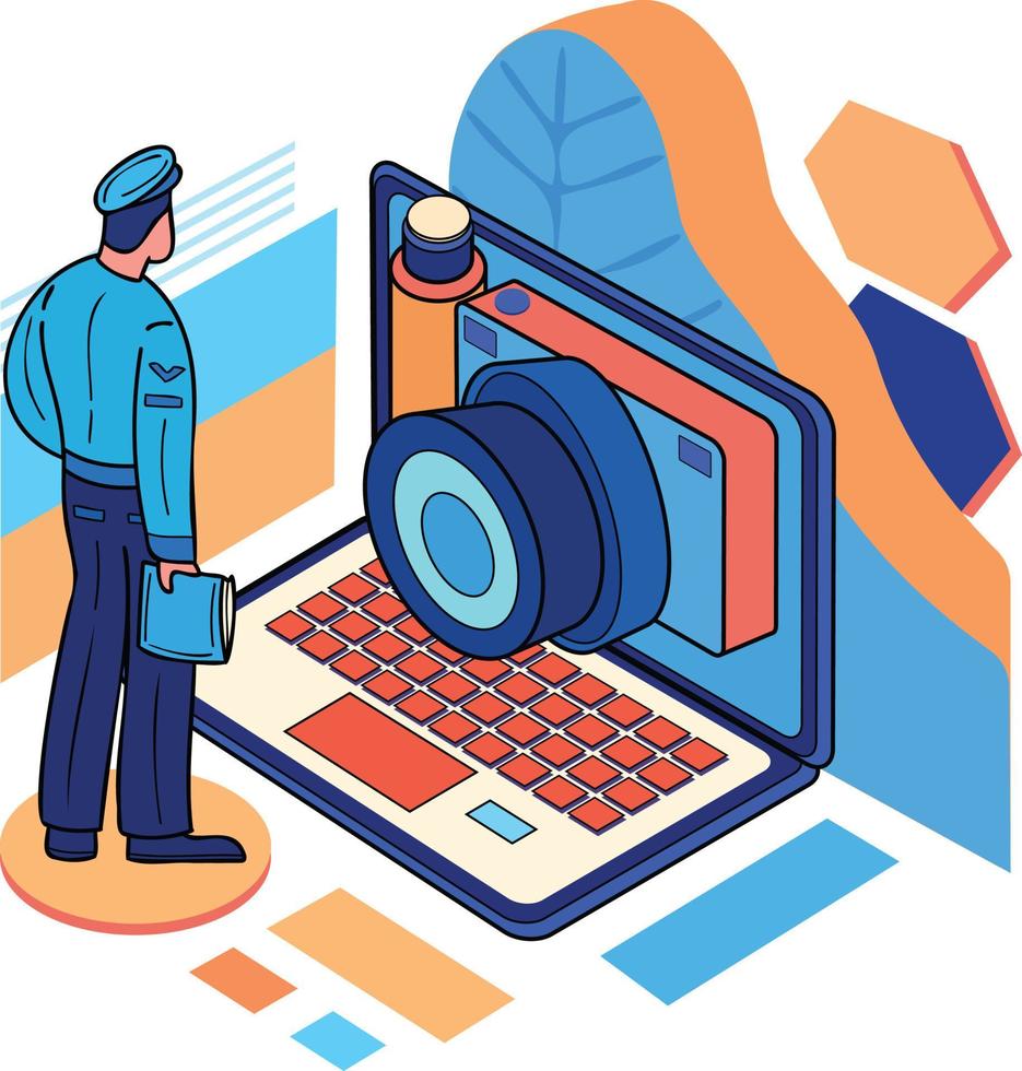police with Security Camera illustration in doodle style vector