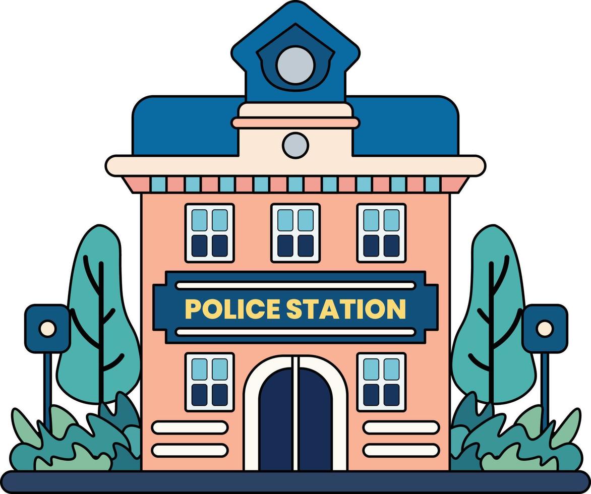 police station building illustration in doodle style vector