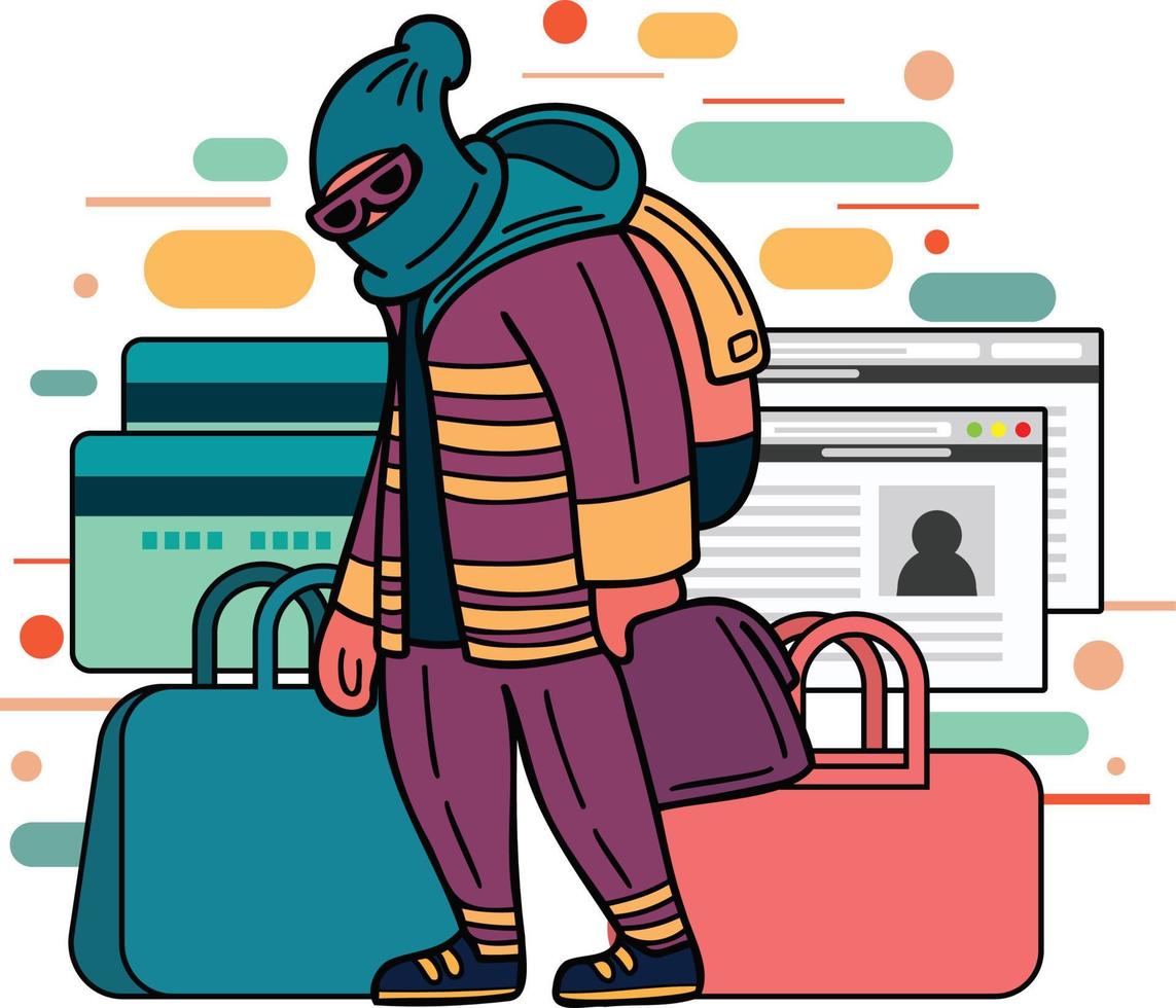 thief with credit card illustration in doodle style vector