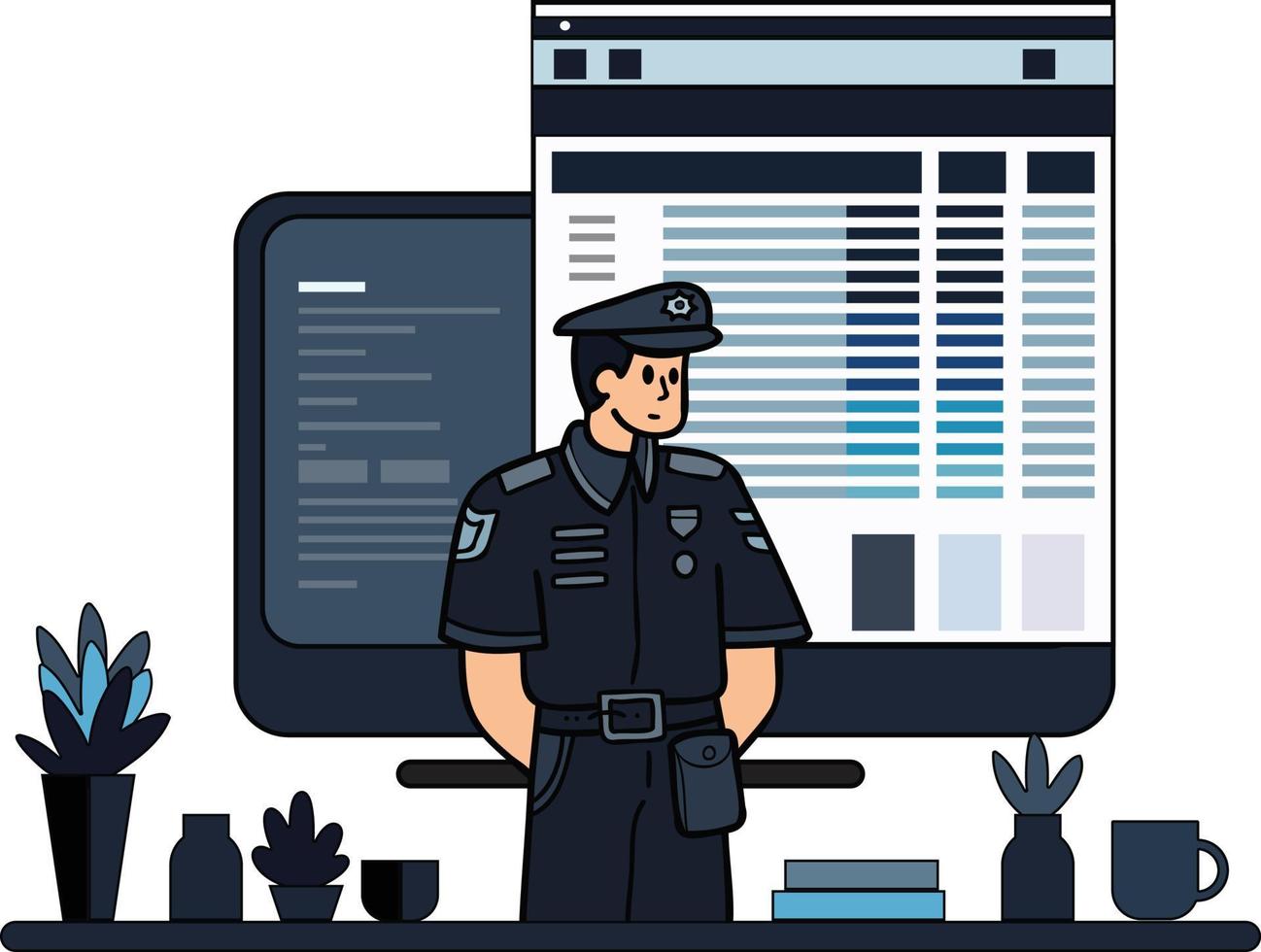 policeman and police station illustration in doodle style vector