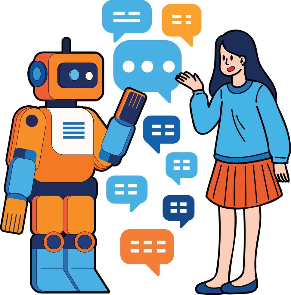 woman talking to AI robot illustration in doodle style vector