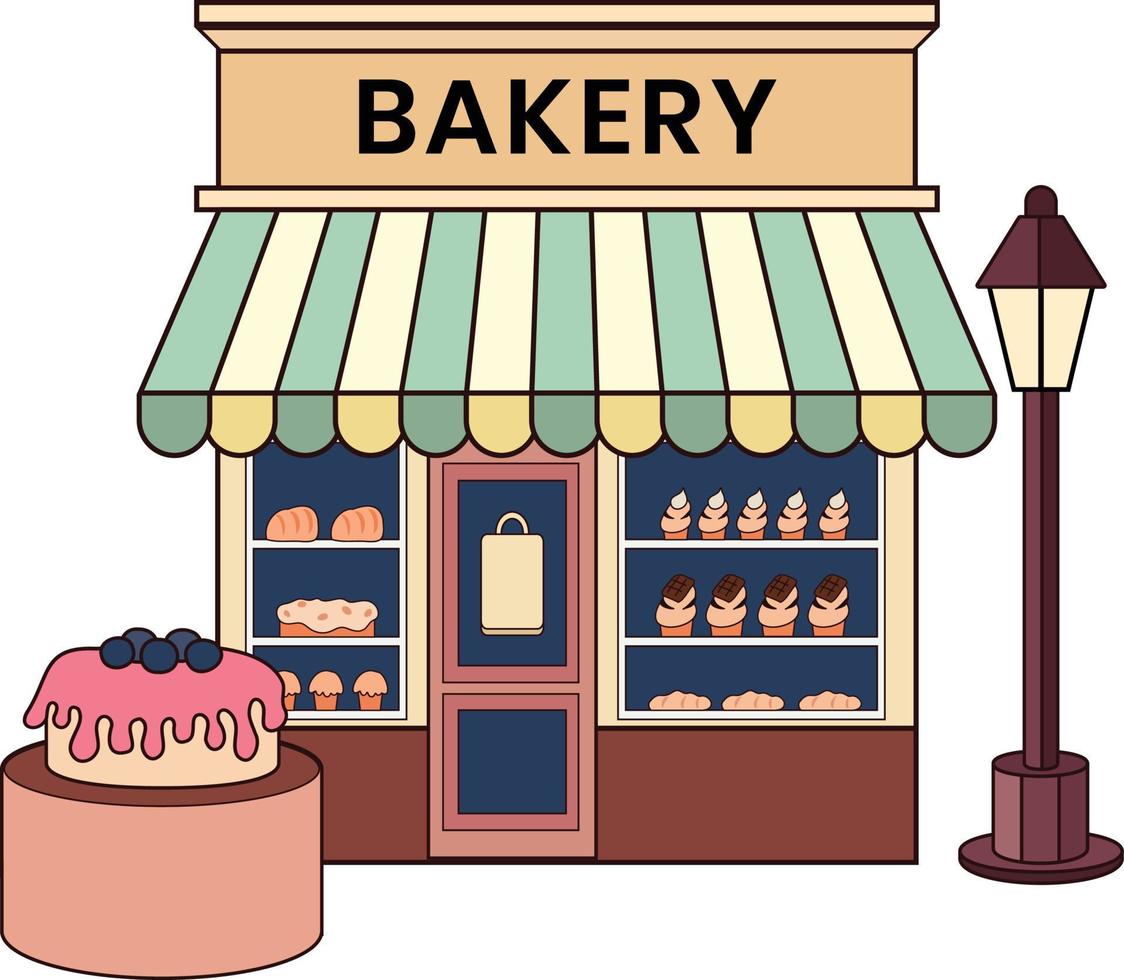 panadería con pastel ilustración en garabatear estilo vector